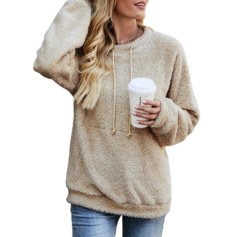

2021 women winter clothing solid color thick double side velvet crew neck womens fleece pullover blouse for womans, Khaki/brown