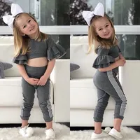 

Baby Outfit Toddler Gray Short Ruffle Sleeve Crop Top +Striped Joggers 2pcs Kid Boys Girl Sport Suit Fashion Child Clothing Set