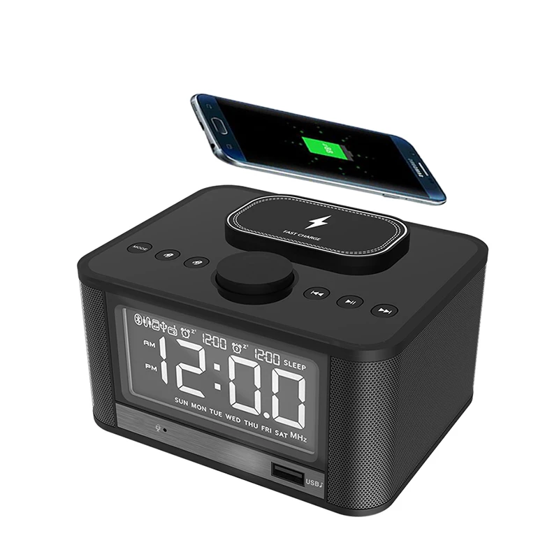 

New design mini portable wireless charger alarm clock Blue Tooth speaker