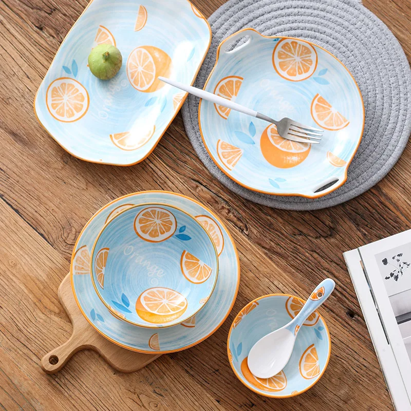 

Orange hand-painted ceramic tableware home dishes soup noodles rice bowl tableware ceramic plate bowl