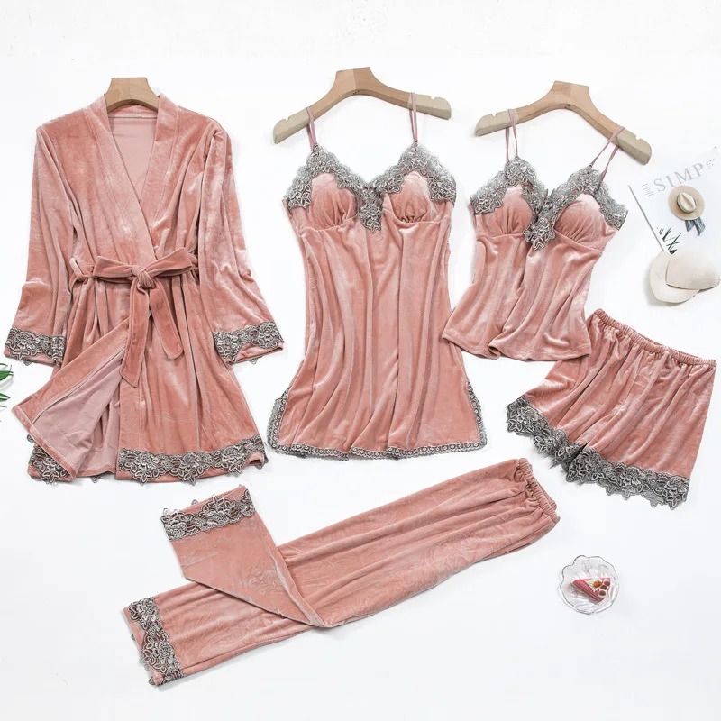 

5 Pieces High Quality Velour Pajama Set With Lace Velvet Pajamas Robe Set for Women baby feeling sleepwear, Customized color