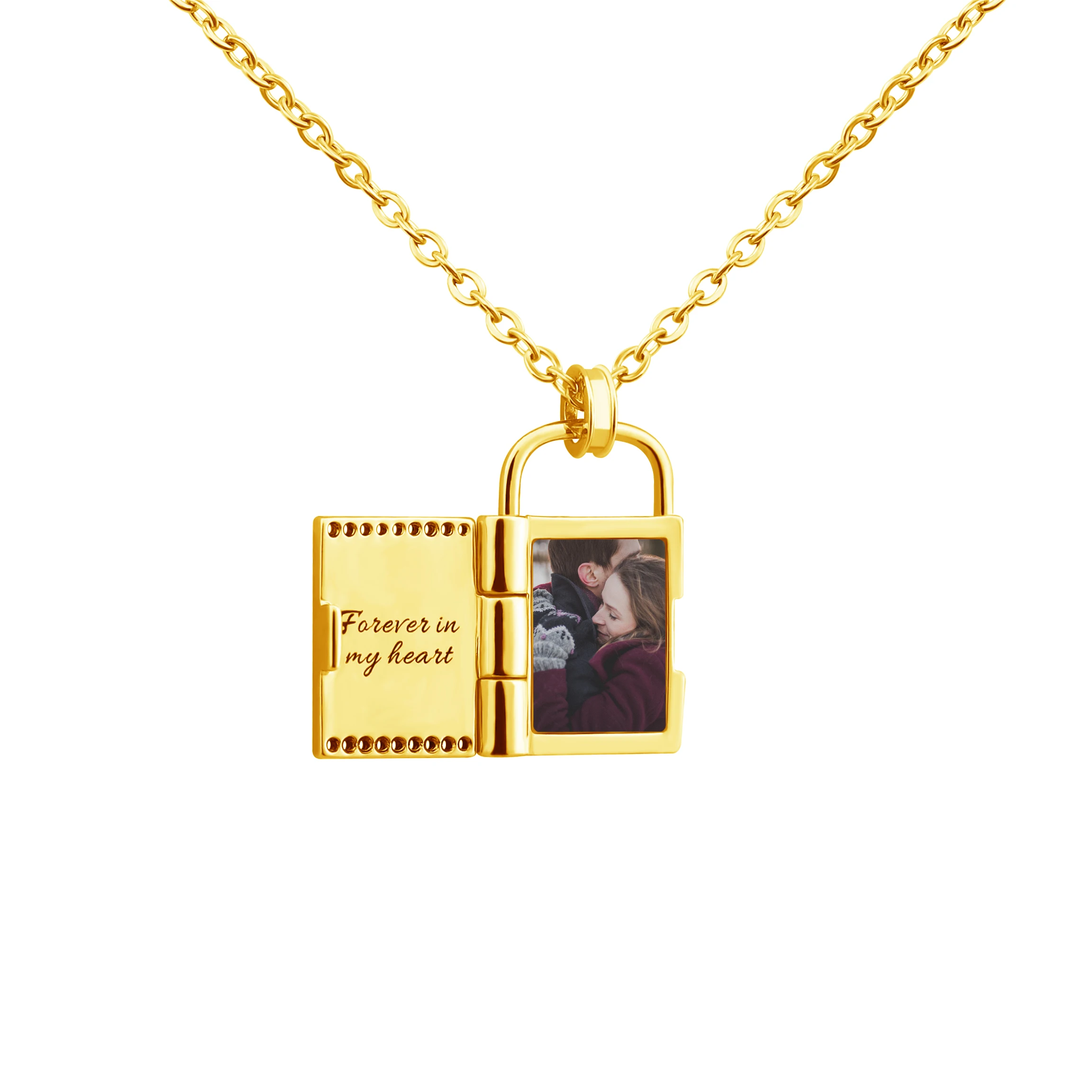 

Personalized 18K Gold Plated Lock Shape Photo Frame Pendant Necklace