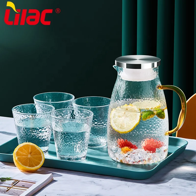 

Lilac FREE Sample 1600ml+300ml*4 packaging drinking water carafe jug and tumbler glasses set of 6/7 pcs cup with ripple