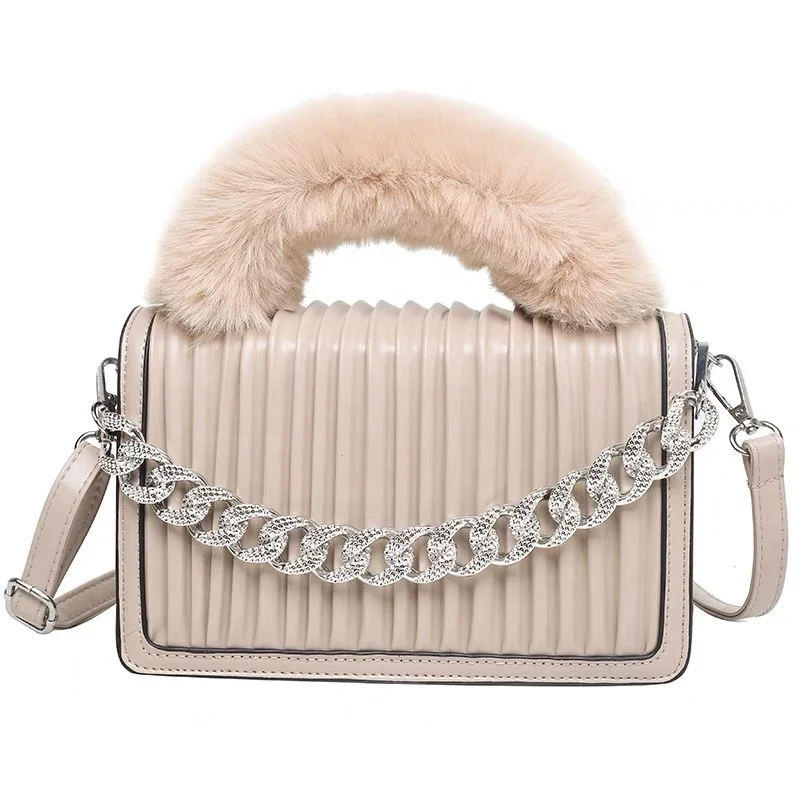 

2021 New style plush wrist designer handbag fold pu leather chain hanging chain messenger bag women