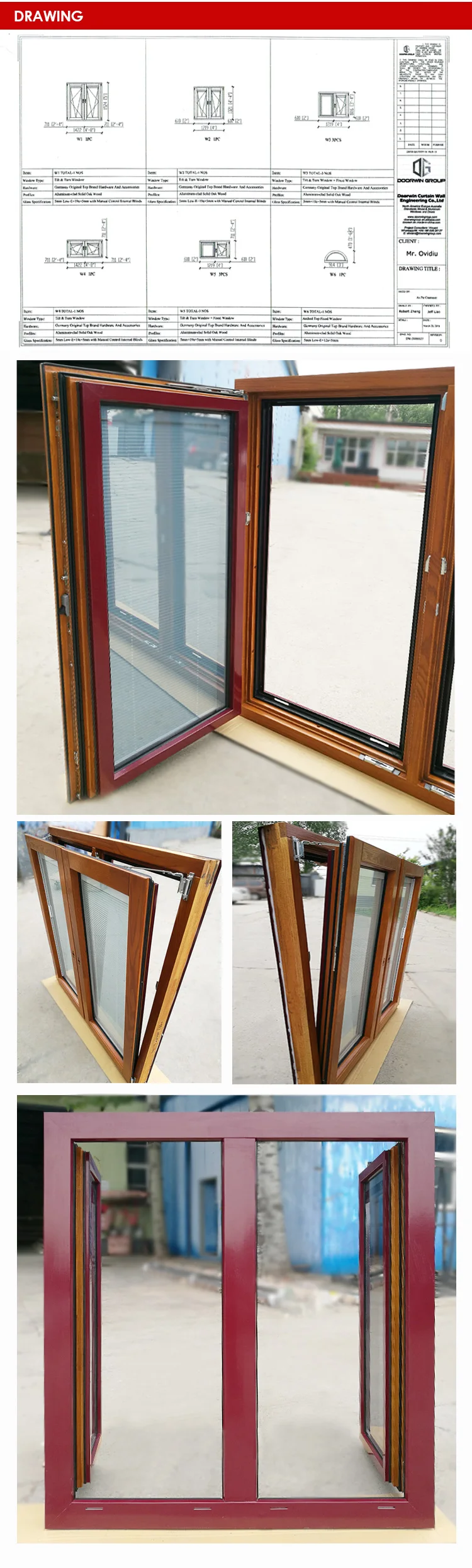 Modern Designs French Models Dimensions Solid Wooden Arch Teak Wood Aluminium-Wood Clad casement Windows