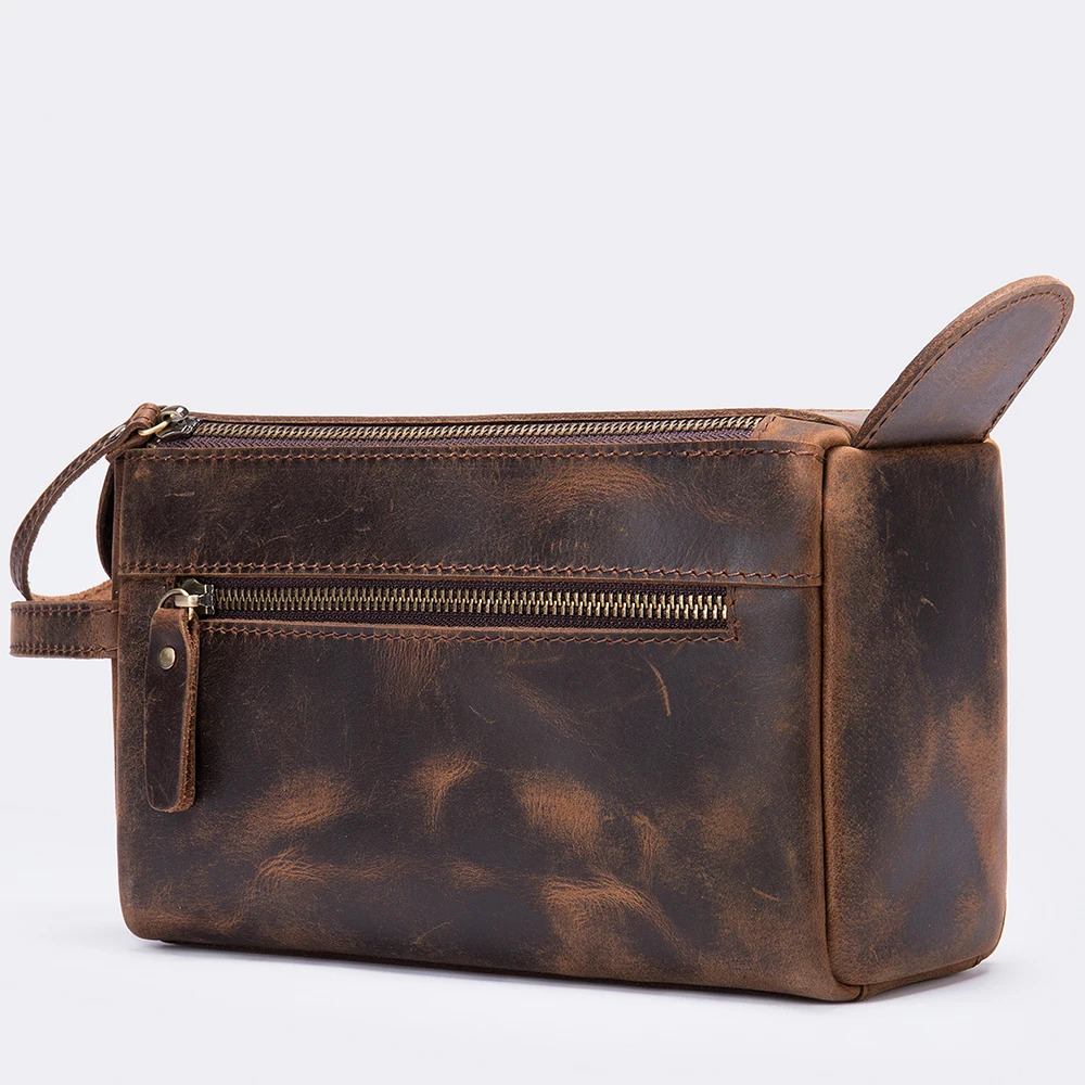 

Hot Selling Waterproof lining Buffalo leather Toiletry bag Vintage Travel Shaving Dopp Kit for Toiletries Cosmetic Bag For Man, Coffee