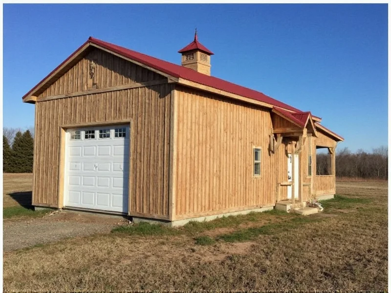 Completed DIY pole barn used as workshop with tool storage