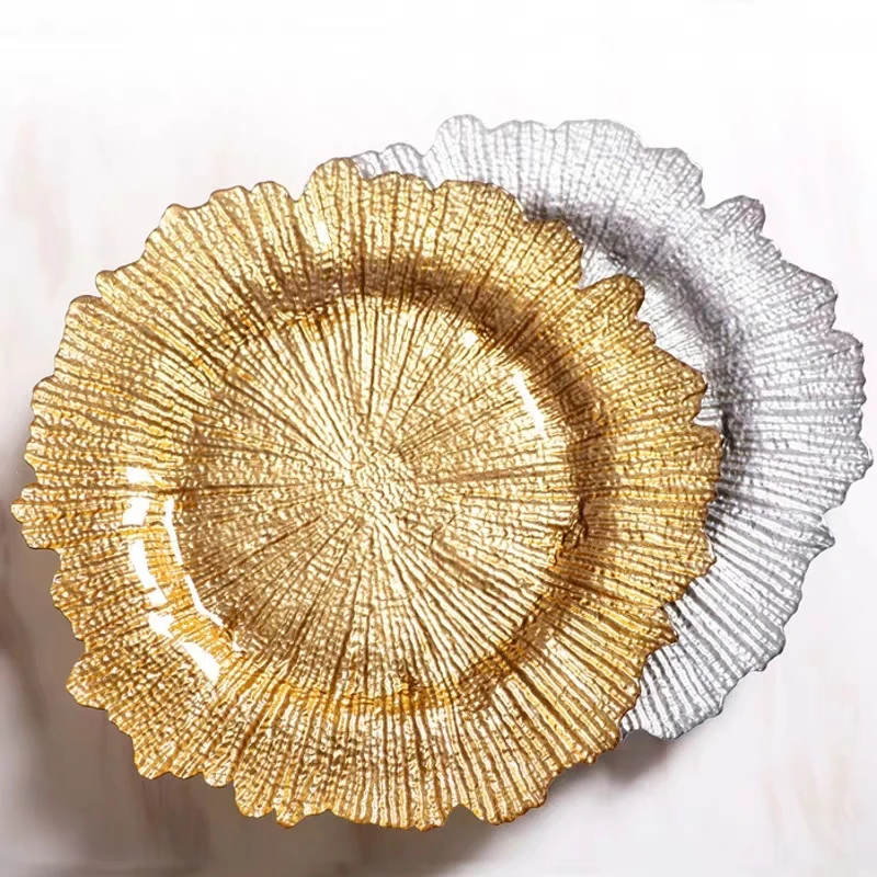 

HYC-PL03 Wedding Dinnerware Set Glass Charger Round Dinner Dish Plate for Sale, Gold, sliver, pink, blue