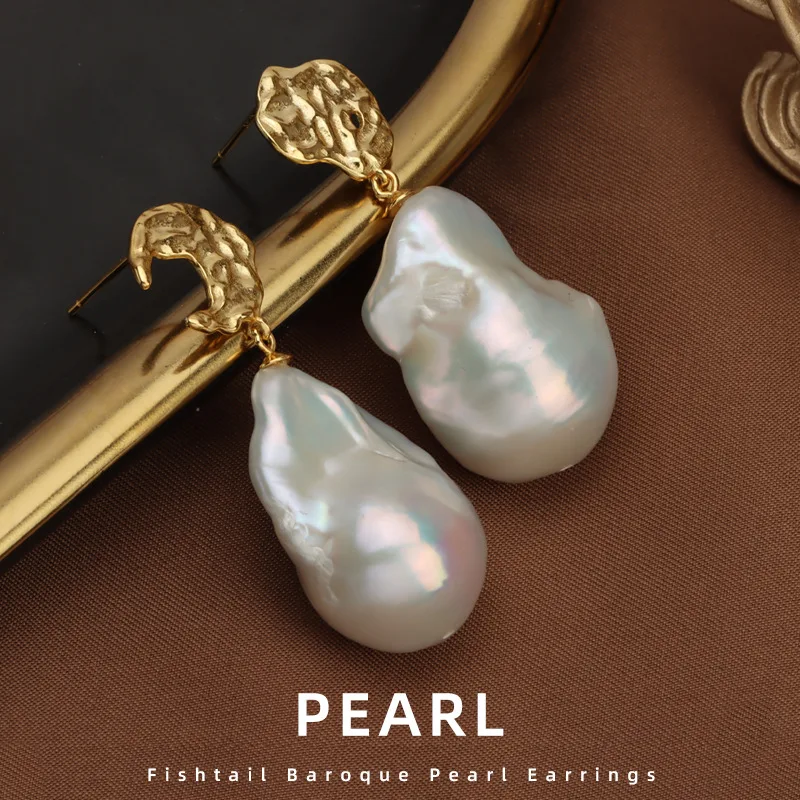 

Baroque Big Flameball Pearl Earrings Wholesale Fashion 18mm Freshwater Large White 925 Silver 18K Gold Plated Party Earrings