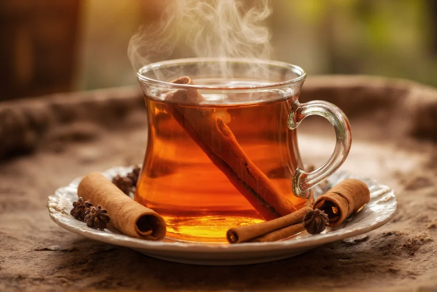 Steaming mug of golden-brown cinnamon spice tea with visible cinnamon stick and cloves floating on surface