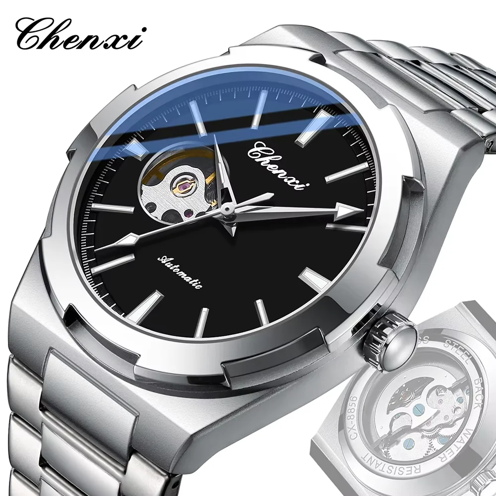 CHENXI New Mens Watch Mechanical Wristwatch Stainless Steel Fashion Sports Waterproof Watches for Men Hollow Automatic Movement