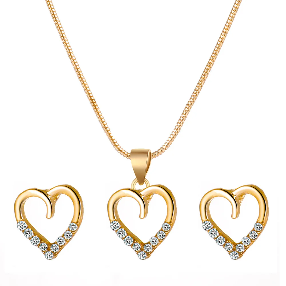 

Hot Sale Fashion Heart Diamond Stud Earrings Gold Necklace Set Women Jewelry Set