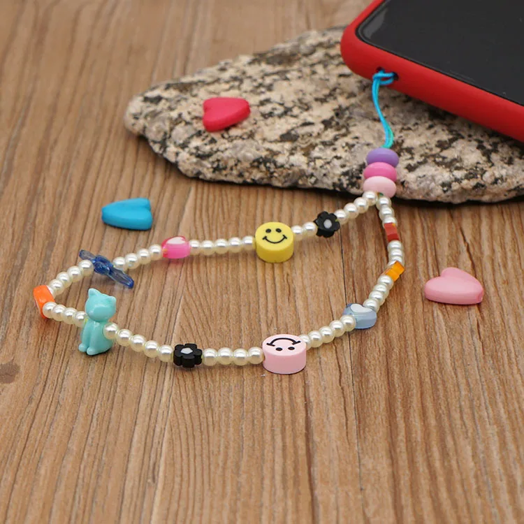 

PC1007 Fashion Charm Miyuki bead phone chain for women, trendy smiley face ladies mobile phone chain