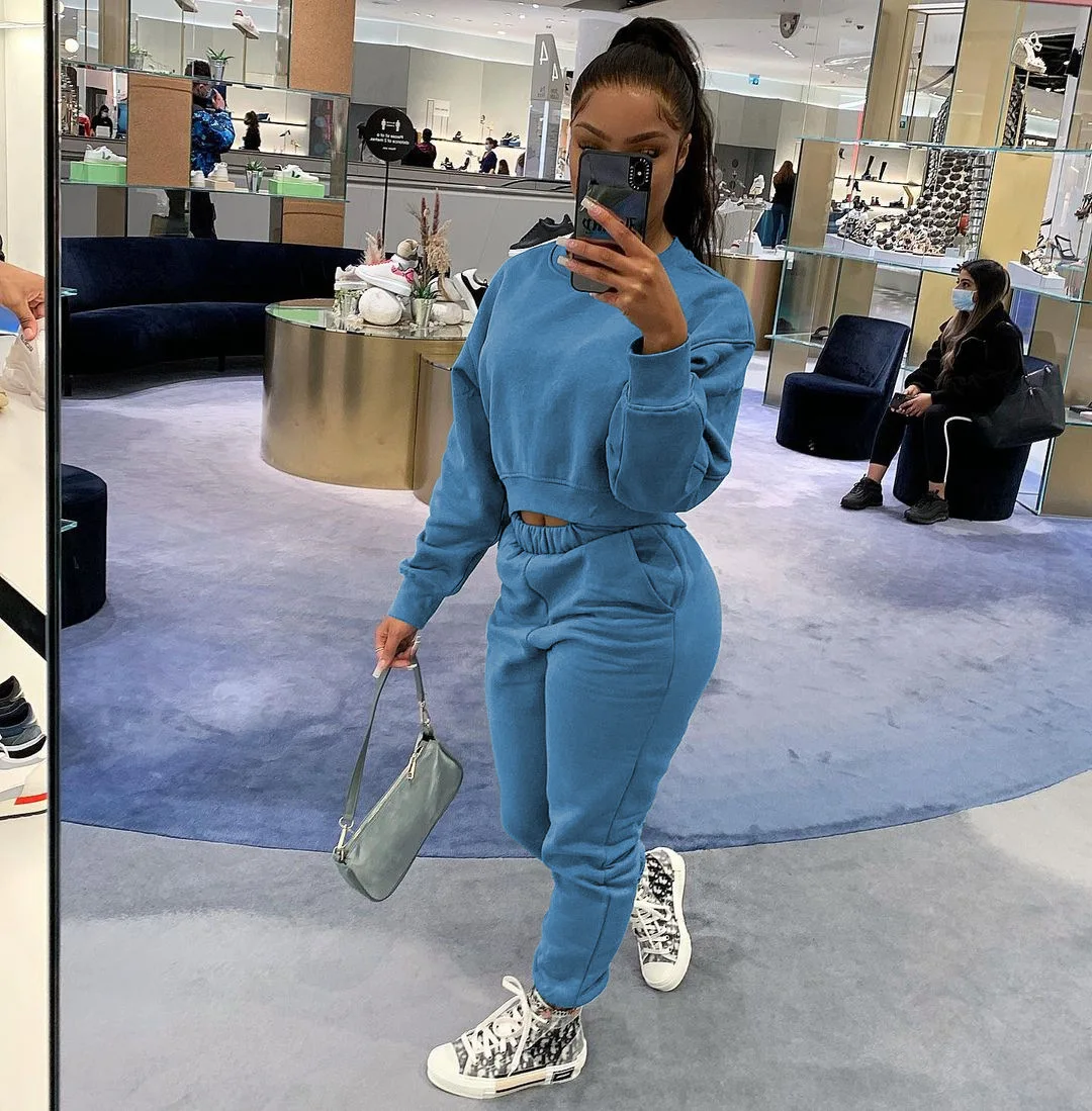 

2021 Color Blocking Sweatshirt Hoodie Casual Pants Two-piece Set Ladies Fashion sets Plus Size Long Sleeve Patchwork Women Cloth