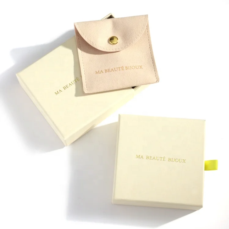 

Luxury beige jewelry pouch suede with gift box packaging, Custom