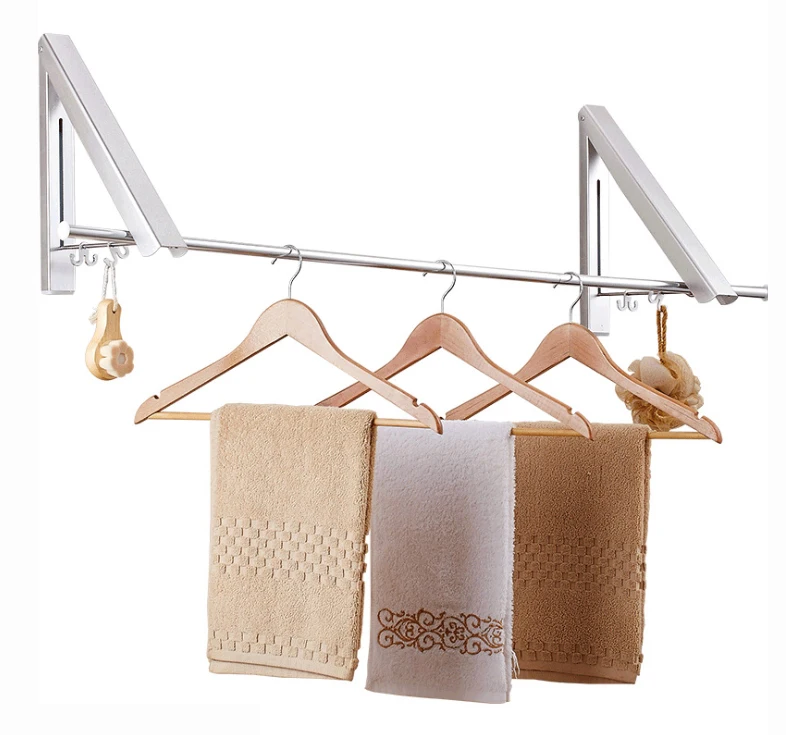 

Triangle retractable folding wall mounted clothes hanger rack heavy duty hanging clothes laundry display rack clothes rack, Silver