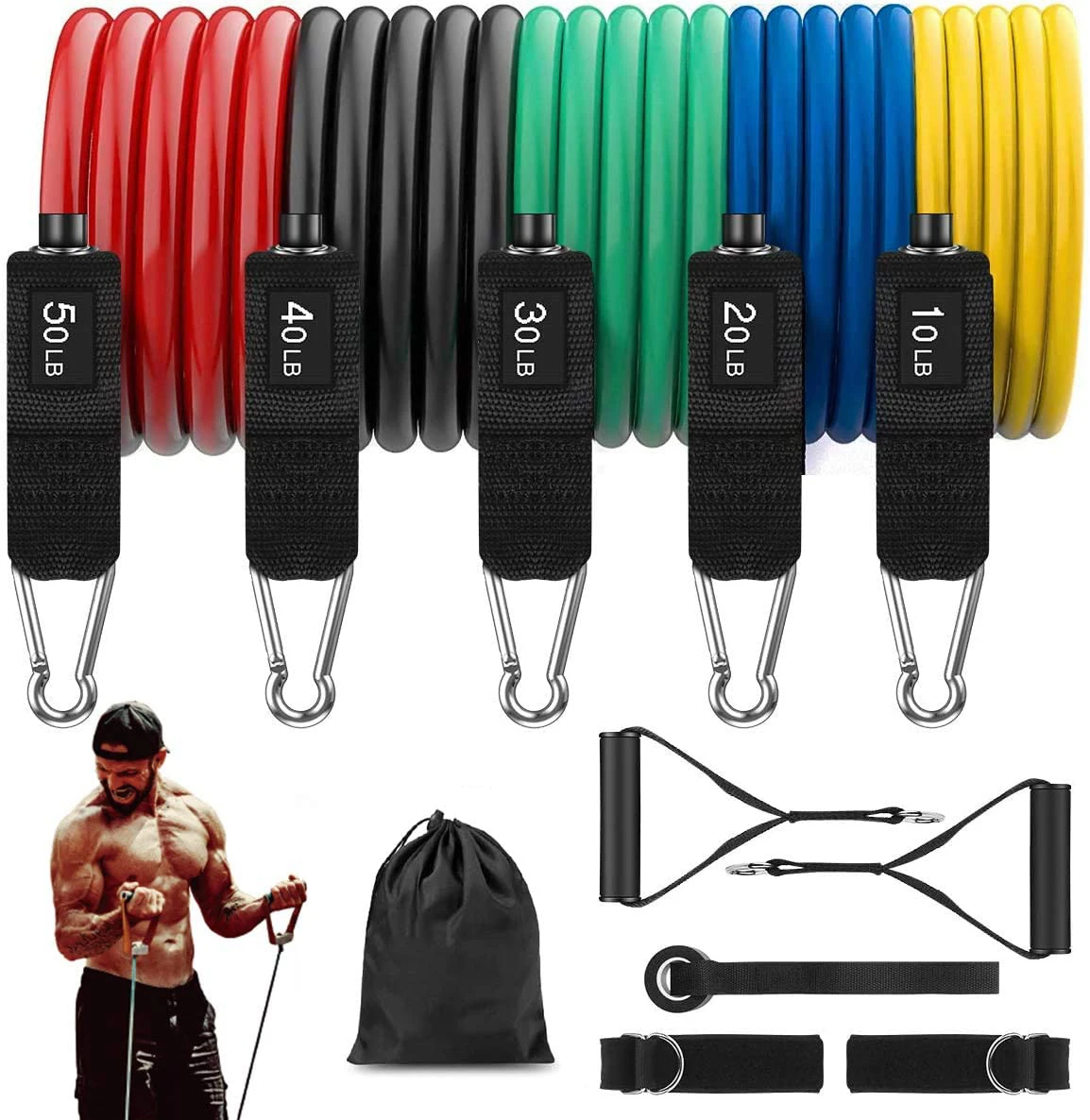 

Zorro 11pcs resistance band set 5 Tube Fitness Bands with Door Anchor,Handles,Portable Bag,Legs Ankle Straps for Musle Training