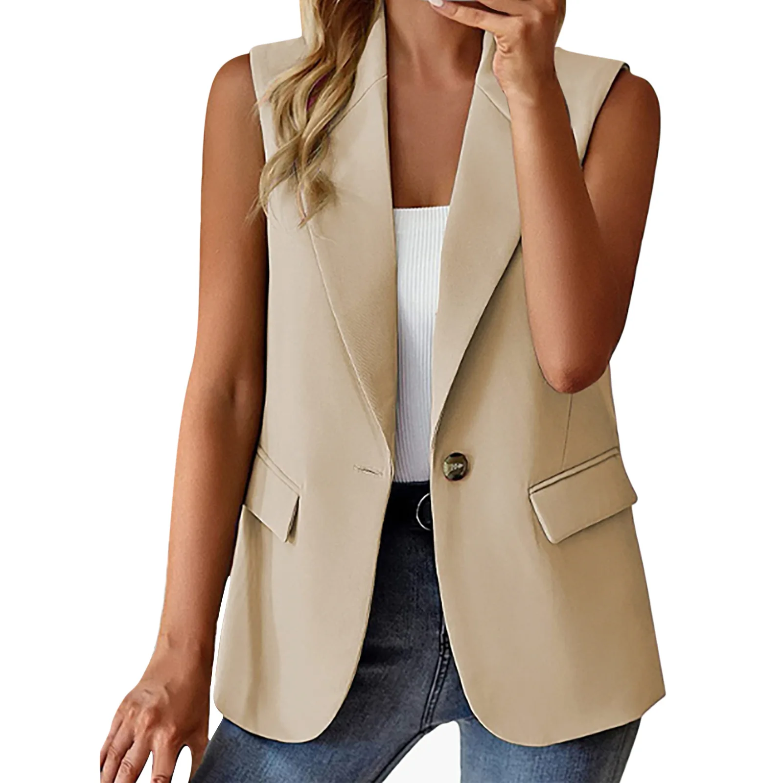 

new style suit collar middle long button less casual temperament sleeveless women suit vest