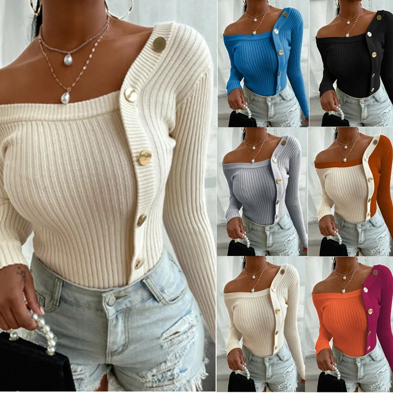 

2021 Autumn Off Shoulder Sexy Crop Top Girls Knitted Sweaters Fall Solid Color Cute Sweaters For Women, 6 color