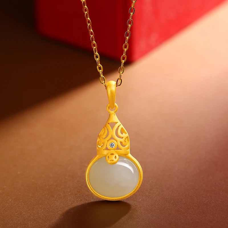 

Real Pure Sterling Silver 925 Nephrite Pendant Necklace Hollow Gilding Gourd Shape Women Jewelry Jade Pendant Necklace