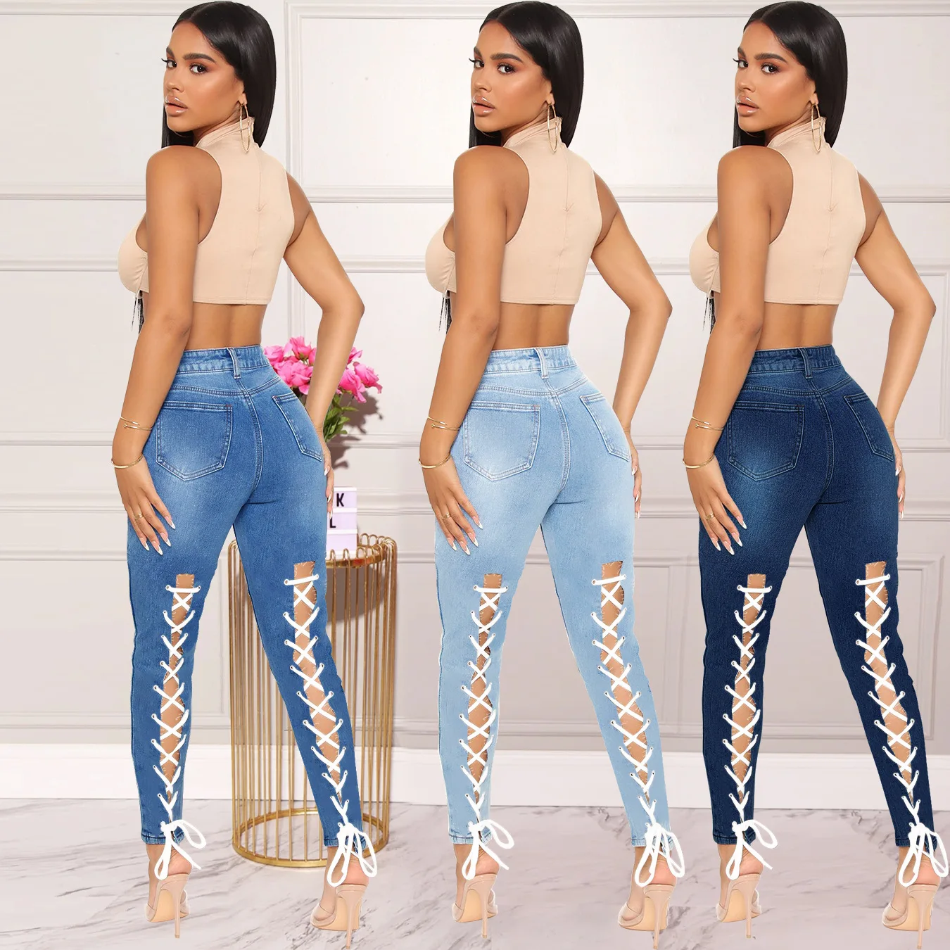 

ladies fashioon jeans trousers high waist elastic hole tight jeans casual denim pants