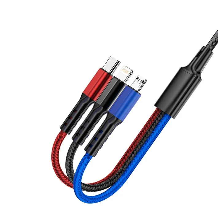 

Hot Sale 1.2M 3 In 1 Nylon Braid Fast Charging Multiple USB Charging Cable For Iph/Type-C/Android, Red,black,blue