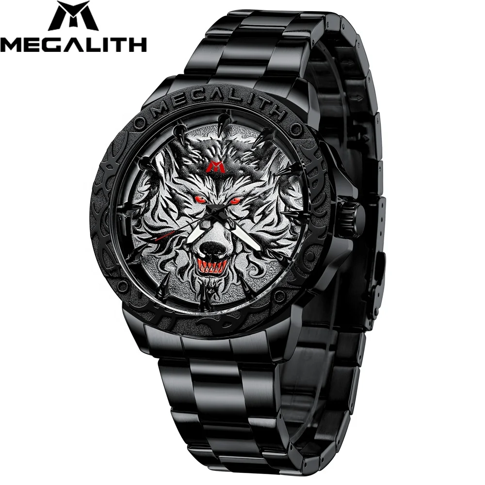 

Relogio Masculino MEGALITH Top Luxury Brand Waterproof Calendar Silver Stainless Steel Watch Male Waterproof Wolf Wristwatch