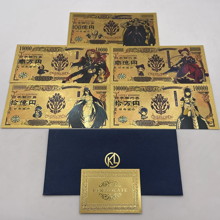 

Beautiful Japanese Manga OVERLORD 10000 Yen Gold Anime Banknote for Classic Memory Souvenir Gifts and Collection Cards