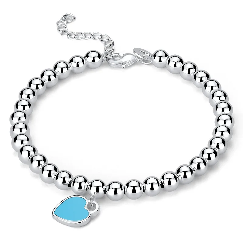 

Fashion Jewelry Round Bead Bracelet Beaded Enamel Love Heart-shaped Woman S925 Sterling Silver Bracelet, Red,pink,blue