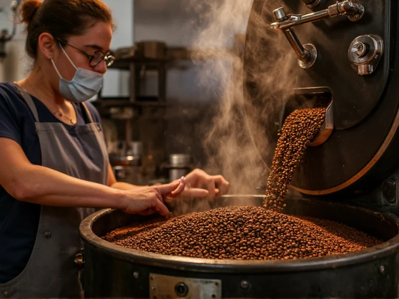 Artisan coffee roaster monitoring small-batch bean development