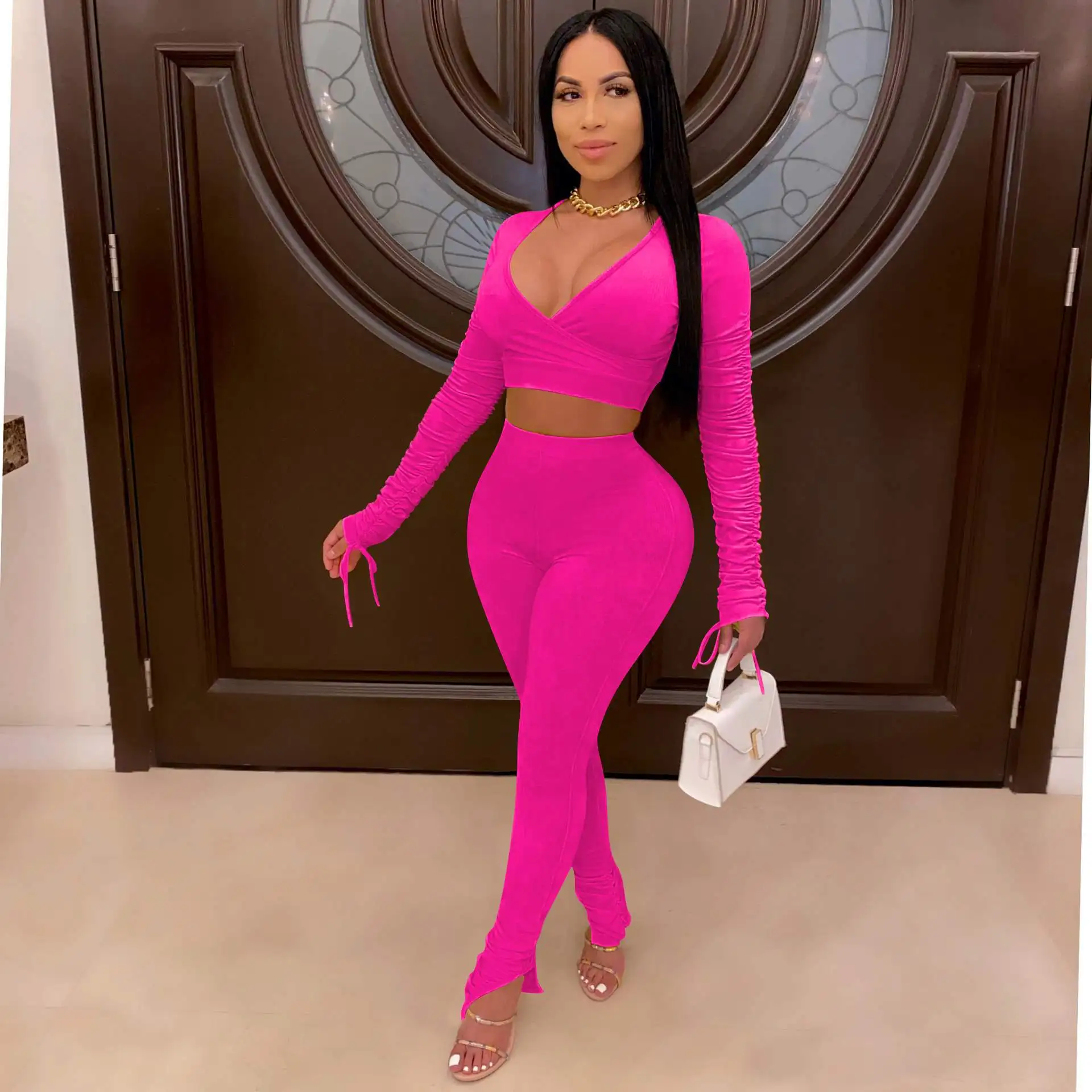 

X00671M Phoenix wholesale sport suit two pieces Folded slit long sleeve two-piece set