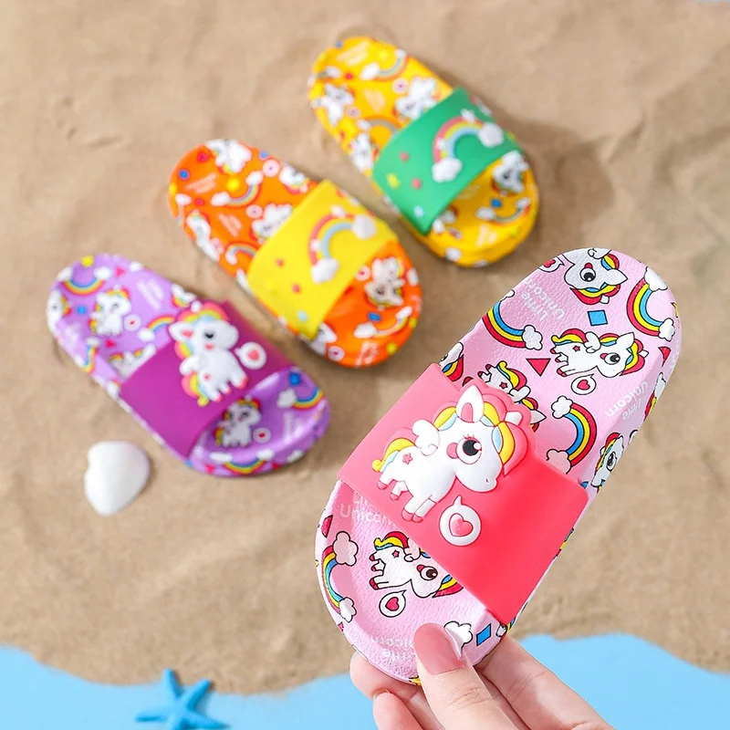 

ZM22 Kids Cute Flat Summer Slides 2021 Rainbow Unicorn Slippers For Baby, As picture or custom