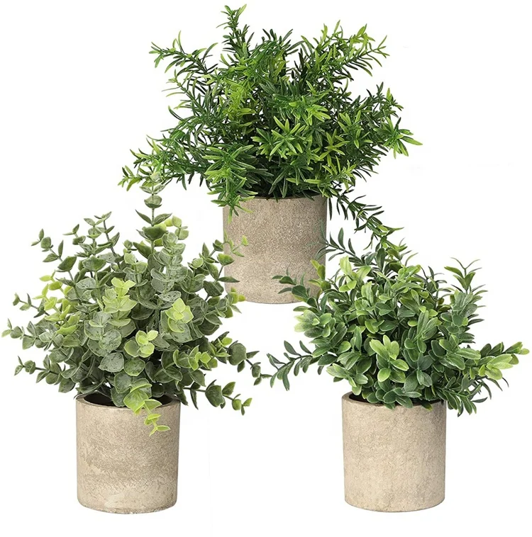 

QSLH-PE068 Set of 3 Paper Pulp Pots Greenery Eucalyptus Rosemary Artificial Mini Plants for Indoor Outdoor Decor