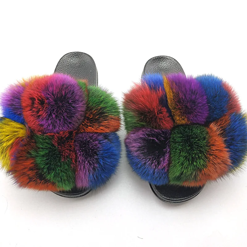 

Best Sell Multicolor Fluffy Ball Slipper Woman Fox Raccoon Fur Sandals, Picture