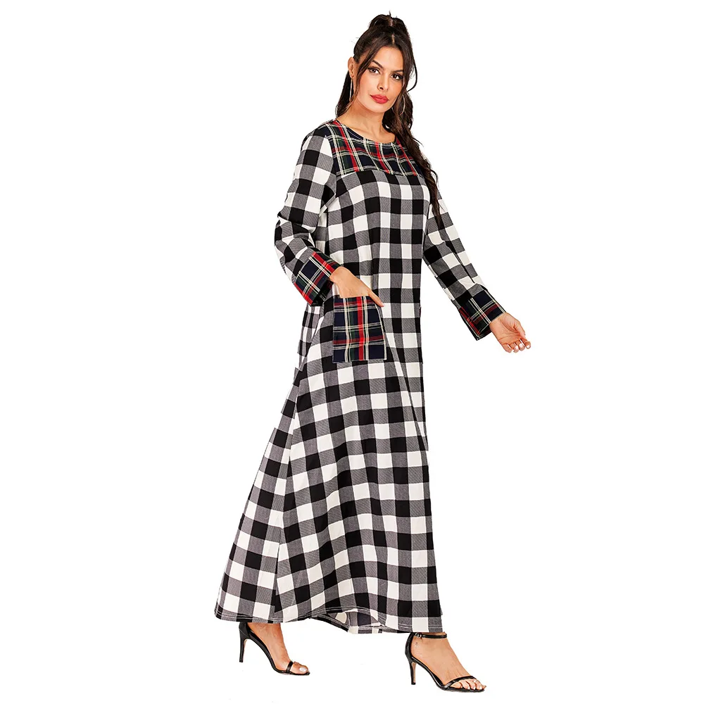 

Casual Retro Dress Ethnic style Double Pocket Round Neck Lattice Sleeve Dress Arabian Clothing, Picture color