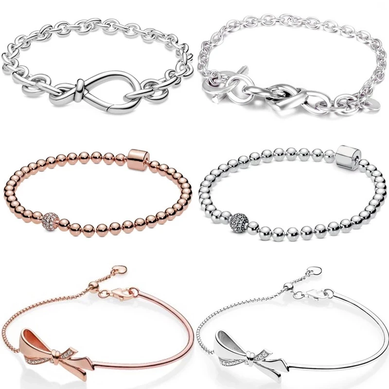 

925 Sterling Silver Charm Jewelry Infinity Knot Heart-Shaped Rose Bead Sliding Bracelet Pad Crystal Fits Original Pandora
