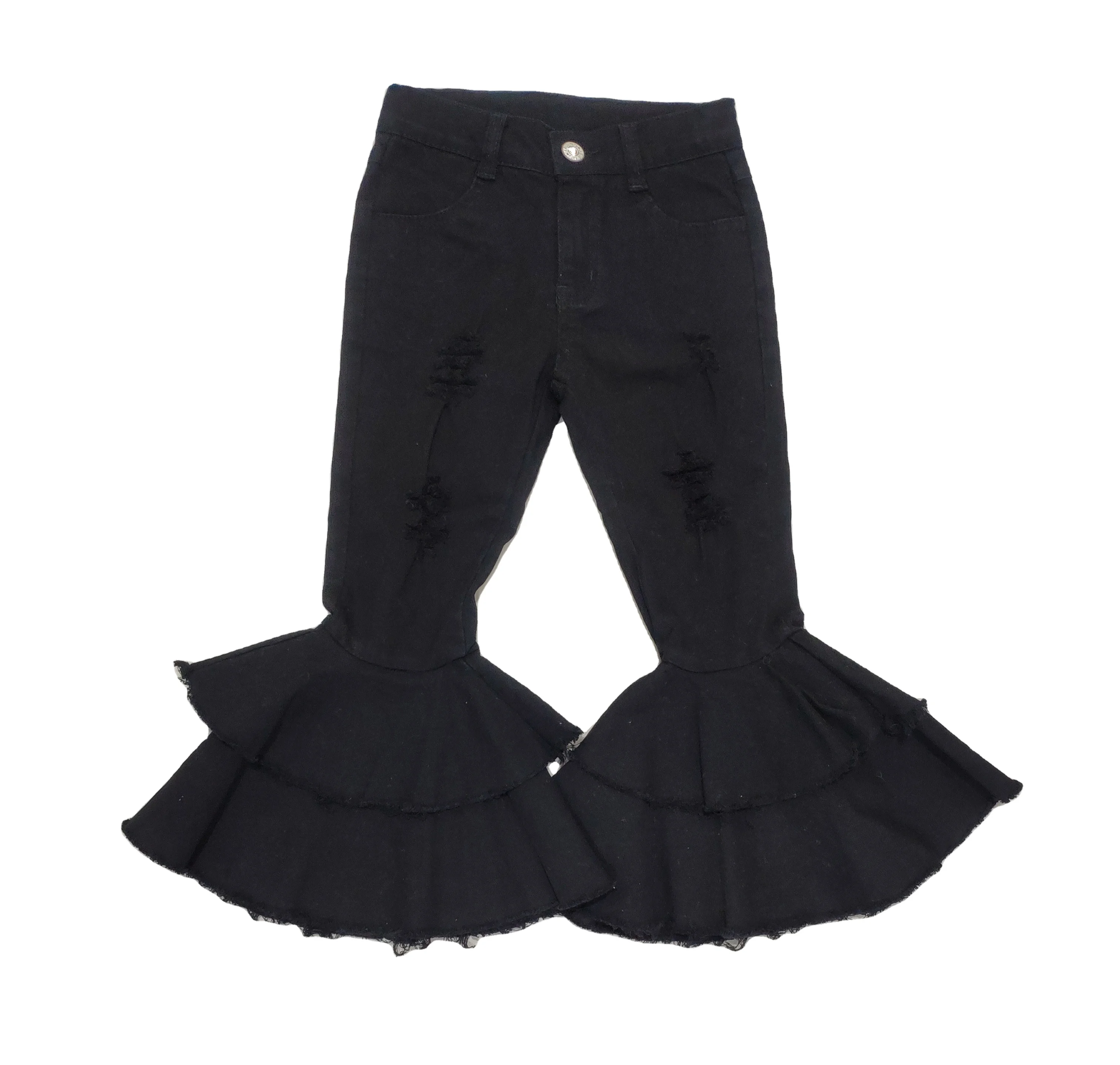 
Kids denim wide leg flare bell bottom pants girls boutique solid color pants wholesale elastic fabric 