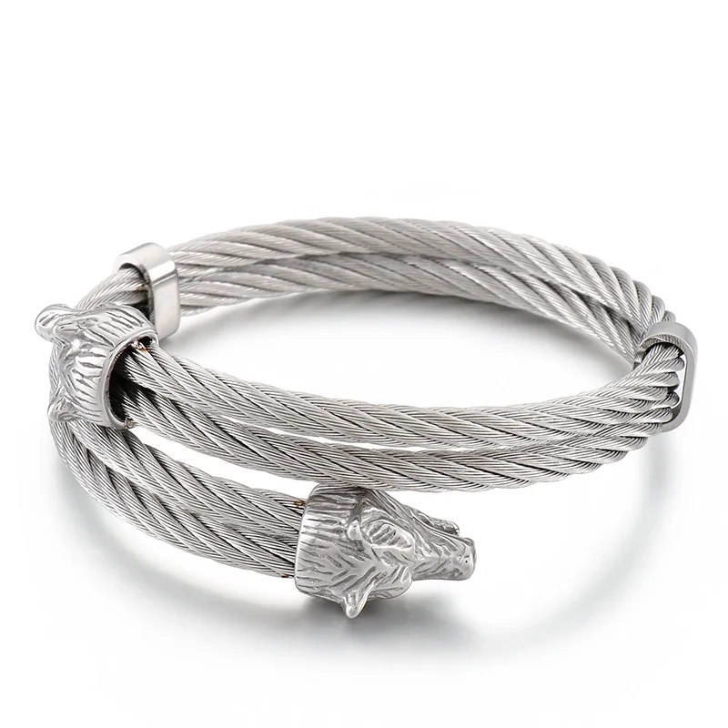 KALEN Stainless Steel Wolf Head Open Cuff Adjustment Twisted Cable Wire Bracelet Bangle for Men