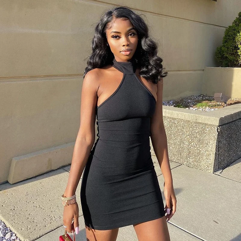 

Latest Design New Fashion Casual Halter Bodycon Mini Dress Women Spring Summer Fashion Black Sexy Tight Cheap Party Club Dress