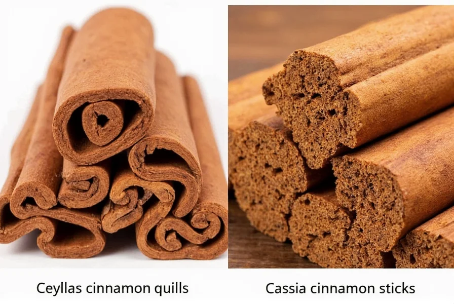 Close-up comparison of Ceylon cinnamon quills versus Cassia cinnamon sticks showing the layered structure of Ceylon and single thick layer of Cassia
