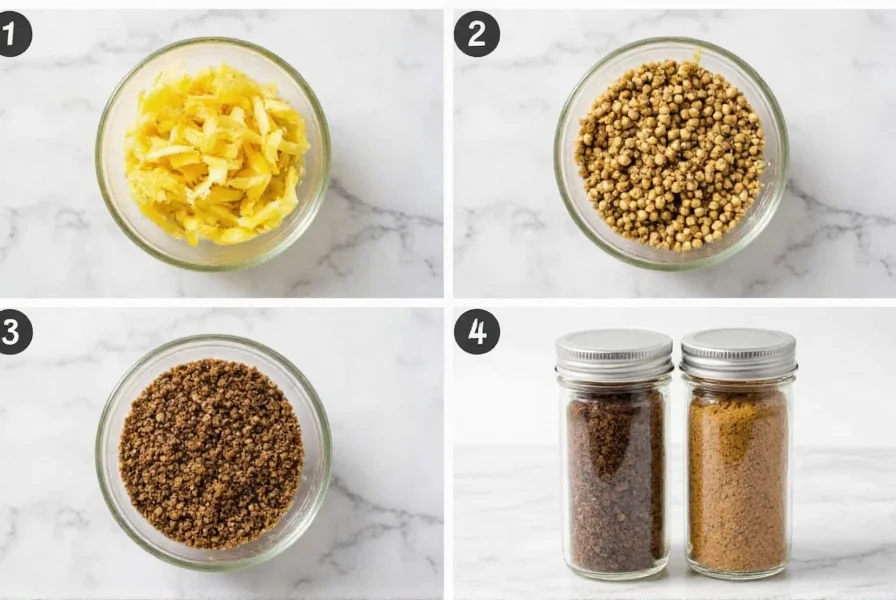 Step-by-step preparation of homemade lemon pepper spice rub showing dried lemon zest, cracked peppercorns, and mixed spices in glass jars