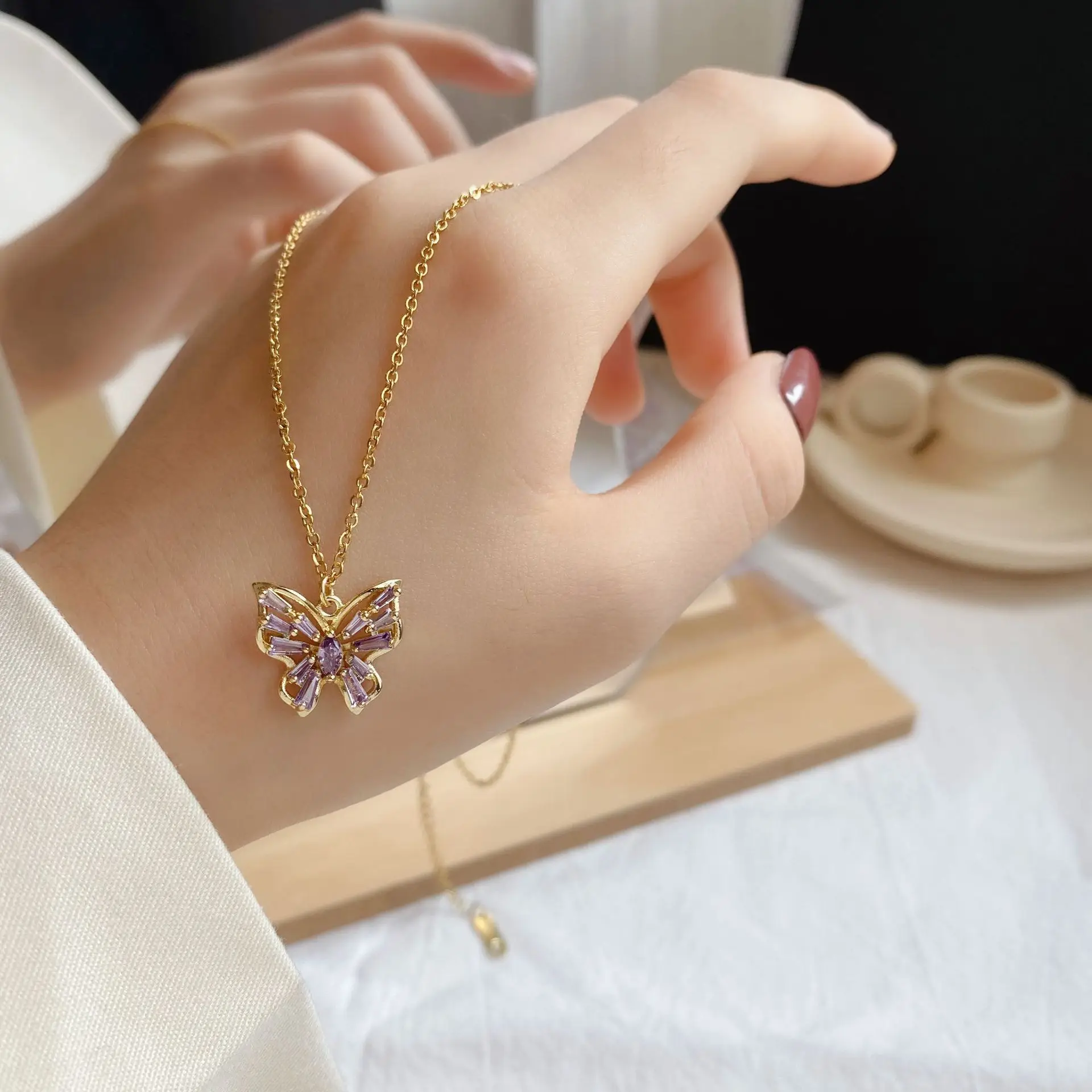 

Butterfly Shape Purple Crystal Rhinestone Pendant 18K Gold Plated Titanium Stainless Steel Fine Jewelry Necklaces For Women