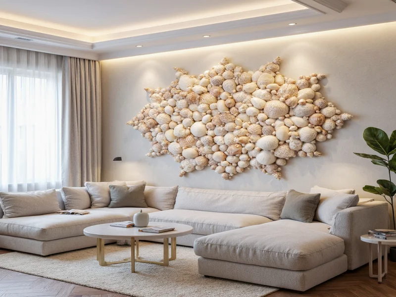 Elegant shell wall art installation in living room