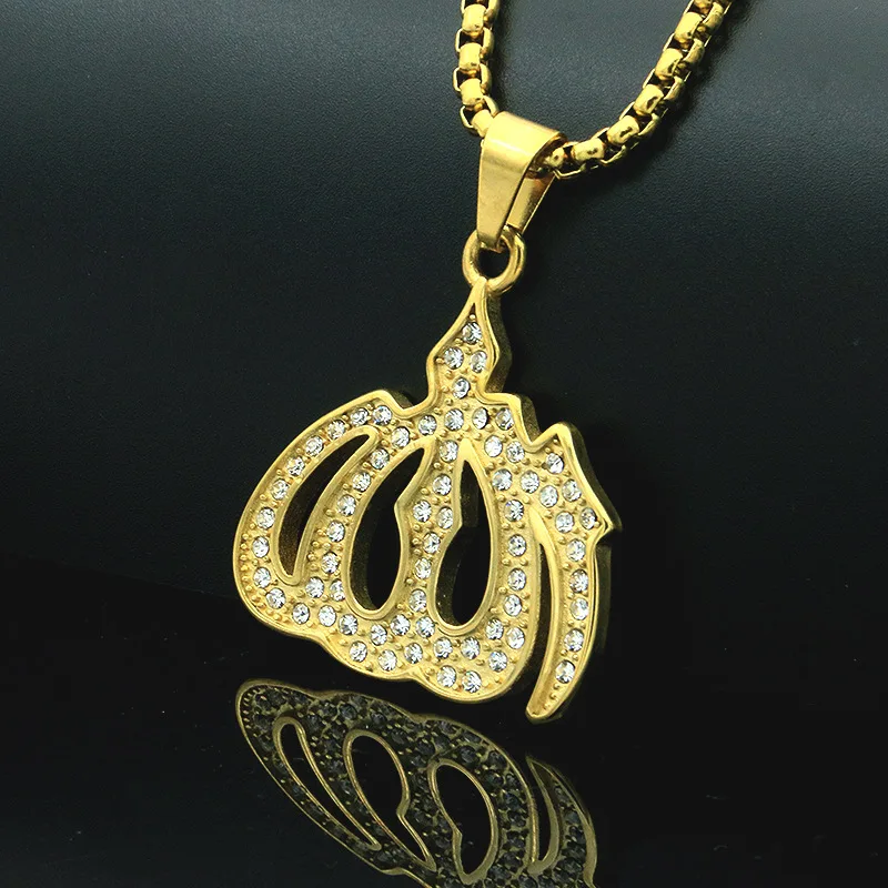 2021 New Arrival Trendy 18k Gold Plated Letter Pendant Crystal Allah Necklace For Men And Women