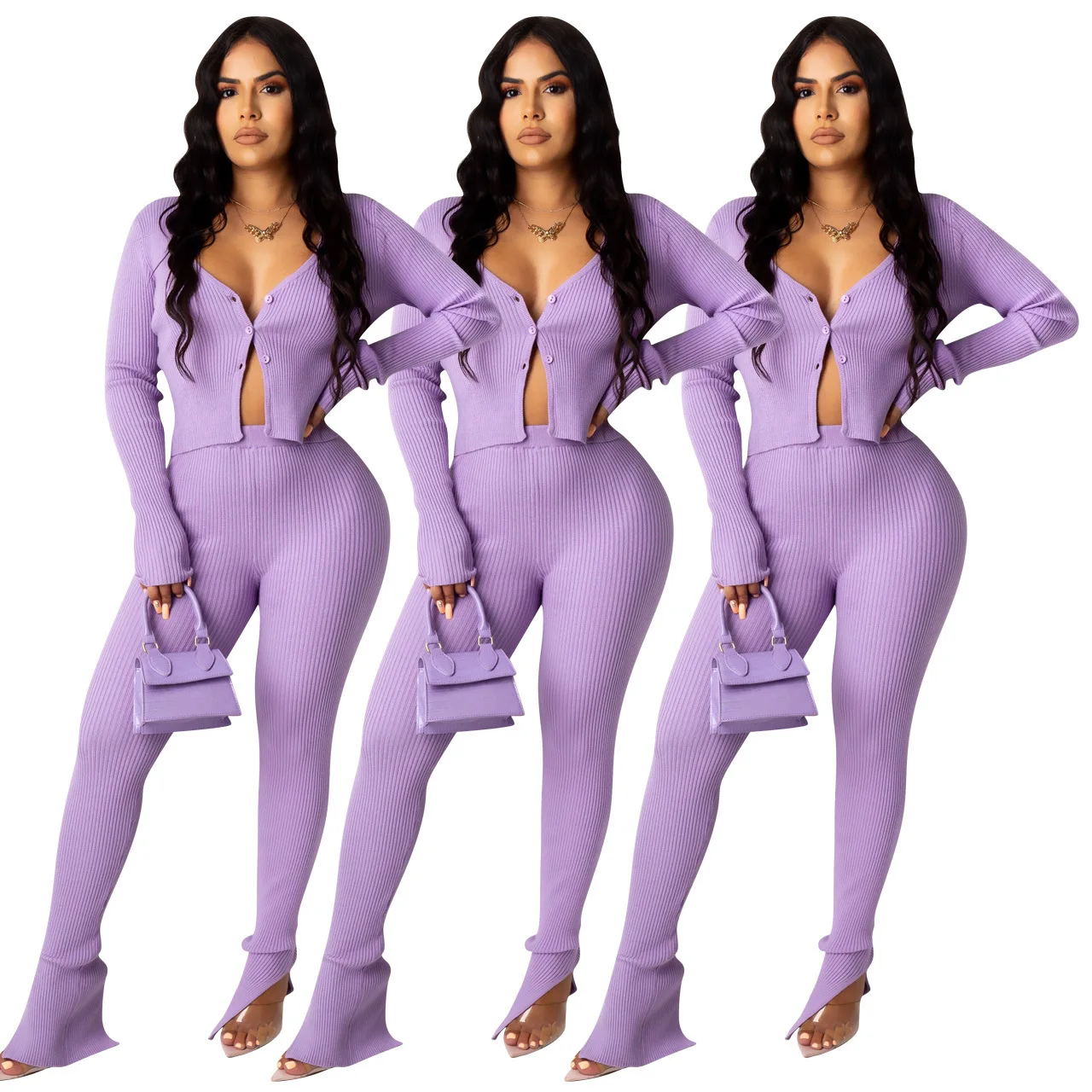 

Q647 Yousclothes Sexy V Neck Fashion Button Tops Women Split Bodycon Solid Slit Pants Set