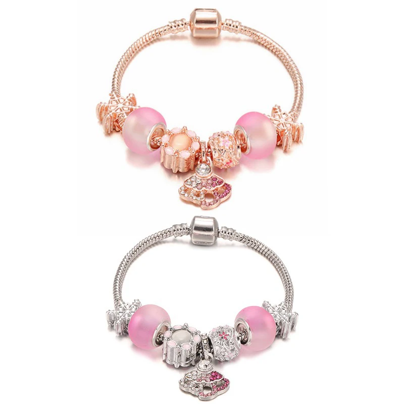 

Luxury Women Jewelry Sweet Pink Glass Crystal Beads Flower Charm Bracelet Hollow Rhinestone Leaf Charm Bracelet, Mixed