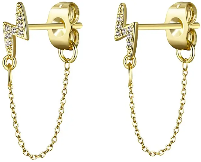 

New 14k Gold Plated Chain Earrings Minimalist Cubic Zirconia Hypoallergenic Stud Earrings for Anniversary