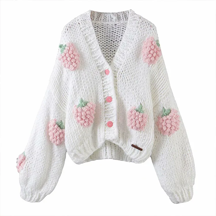 

BMURHMZA2021 autumn and winter new women's white background color pink strawberry three dimensional women's sweater, Picture