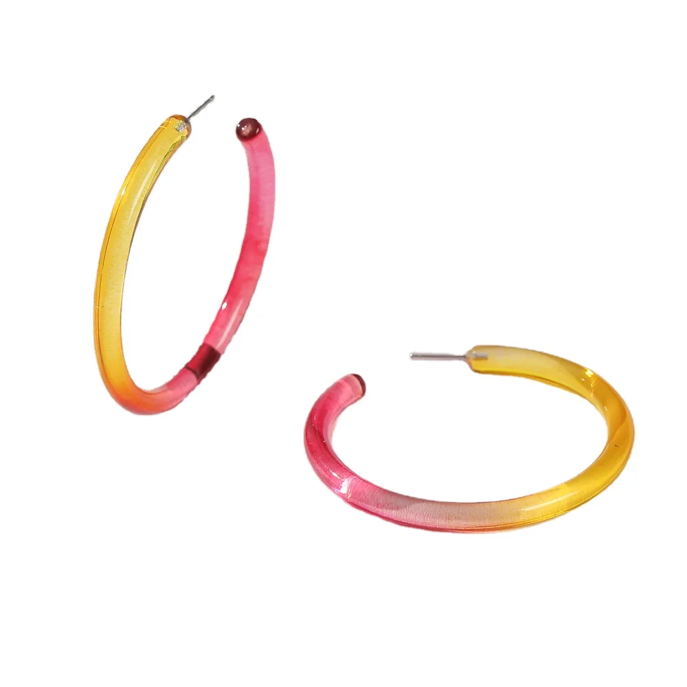 

Summer Rainbow Gradient Ramp Alloy Acrylic Hoop Earrings Semi Large Thin Circle Transparent Acrylic Hoop Earrings