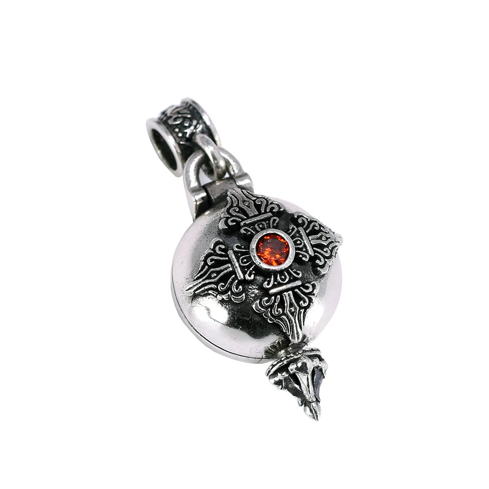 

Real 925 Sterling Silver Buddha Pendant Openable Six Words Carving Inlaid Red Zircon Vintage Antique Style Buddhist Jewelry
